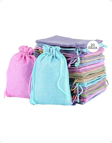 SanKristo 20 Bolsas de Yute Pequeñas con Cordón, 10 x 14 cm, Sacos de Fiesta Reutilizables, 5 Colores, Sachet Toile de Jute, Bolsas de Regalo para Joyas, Dulces, Bodas, Navidad