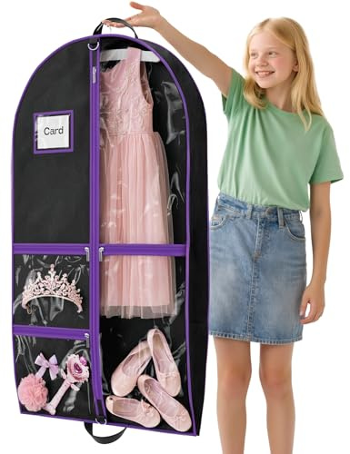 Costume Garment Bags for Dancers, Garment Bags with 3 Clear Zipper Pockets, Clothes Covers Protector Bags for Suits, Travel & Sports Jersey, Cheer Uniform, Cosplay (Purple, 1 Pack (40inches))