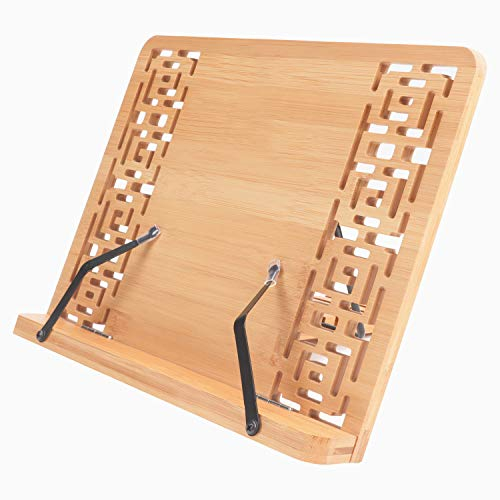 Kurtzy Verstellbare Bambus Kochbuch Halterung mit Seitenhalter - Buchhalter Leseständer 33,5 x 24 cm Faltbarer Notenständer Holz- Hält große & kleine Lese-, Musik-, Kochbücher, iPads und Tablets