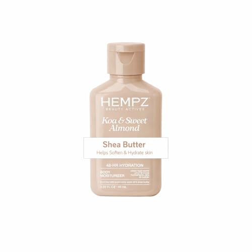 Hempz Body Lotion Mini Daily Moisturising Cream, Shea Butter, Aloe Body Moisturiser - Skin Care Products, All Natural Hemp Seed Oil & Sweet Almond Oil Travel Size 2.25 Fl Oz - Koa & Sweet Almond