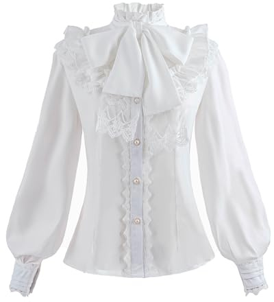 Fiamll Camicetta da donna vittoriana vintage con fiocco colletto alto con volant manica lunga camicia medievale, A-bianco, M