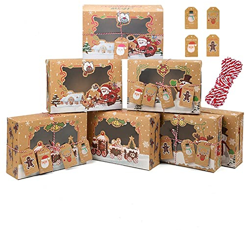 Geschenkbox Weihnachten,Goomp 24 Stück Keksboxen Weihnachtsboxen Keksschachtel mit Sichtfenster und DIY Karten Verpackung Papiertüten für Gebäck, Muffin, Macarons, Süßigkeiten Box