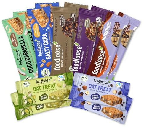 foodloose Riegelprobierpaket | Mix aus 14 Nussriegel & Haferriegel (7 Sorten je 2x) | Alle Riegel sind bio, glutenfrei, vegan, ohne raffinierten Zucker & ohne Palmöl