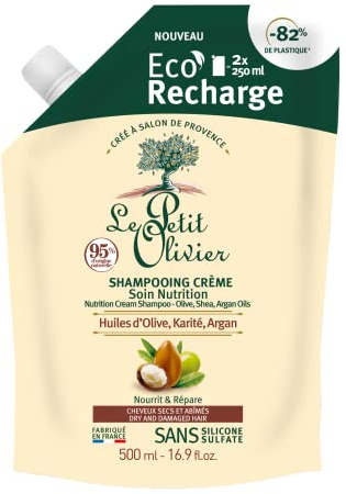 LE PETIT OLIVIER - Eco-Recharge - Shampooing Crème Soin Nutrition - Huiles d'Olive, Karité & Argan - Nourrit & Répare - Cheveux Secs & Abîmés - Sans Silicone, Sans Sulfate - Fabriqué en France - 500ml