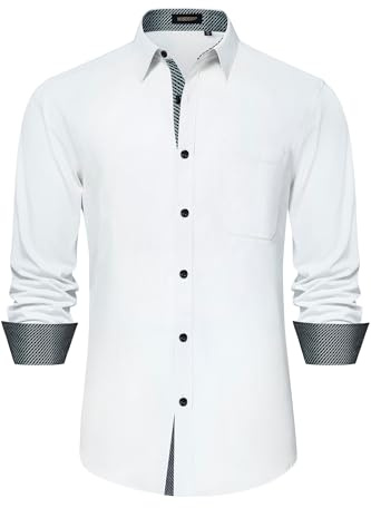 HISDERN White Dress Shirts for Men Button Down Long Sleeve Casual Shirt Inner Contrast Striped Formal Business Tuxedo Mens Wedding Shirt