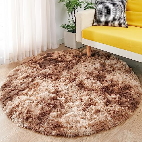 MARATIP Plüsch Teppich Rund,Flauschiger Teppich Rund, modernes Wohnzimmer, Kinder Mädchen,weicher und Flauschiger Teppich für das Schlafzimmer/Wohnzimmer/Kinderzimmer(braun,Ø 120 cm Runde)