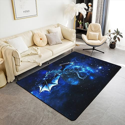 Loussiesd Drache Weich Teppich 150x200cm Universe Galaxie für Innenbereich - Bodenmatte für Küche und Balkon - Blau Outer Space Modern für Schlafzimmer - Home Wetterfest Dekor