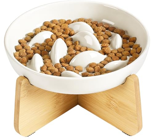 IDOGCHEW Gamelle Anti Glouton Chat Céramique Surélevée, Bol Assiette Hauteur pour Chats Gourmands avec Support Bambou, Anti Vomissement, Rond, Beige