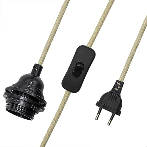 CABLEPELADO Portalámpara E27 Con Interruptor, Adaptador de Lámpara, Base Para Bombilla, Enchufe + Interruptor ON/Off, Cable 2 Metros, Diseño Vintage, Cable Trenzado, Beige