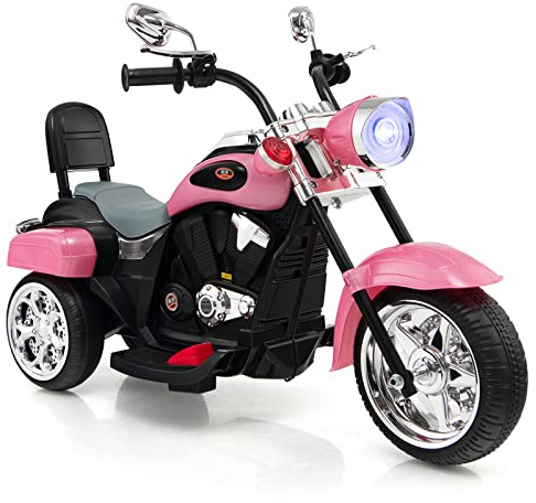 DREAMADE Moto Électrique pour Enfants 3+ Ans Charge Max. 30KG 6V 3km/h avec Phare et Klaxon, Véhicule Tricycle Rechargeable (Rose)