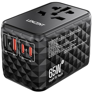 LENCENT 65W Adattatore Universale da Viaggio, Adattatore Presa con 2 USB-A & 3 USB-C, Caricatore Alimentazione Rapida per Telefono Cellulare, Laptop, Spina Internazionale per UK, EU, AUS, USA -Nero