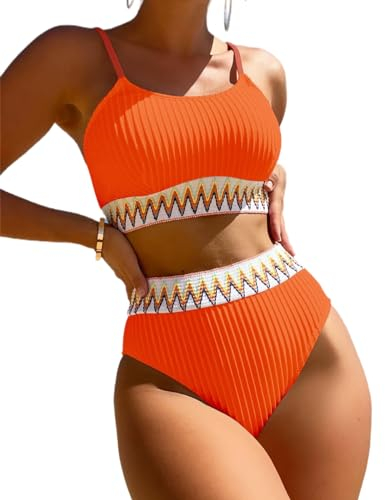 Enwokran Dam Baddräkt Hög Midja Push Up Sport Bikini Halter Badkläder Tvådelad Vadderad Utskärning Med Justerbar Rem, Apelsin, L