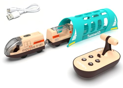 Electric Trains for Wooden Track, Remote Control Train Toy, Motorized Train and Tunnel with Voice & Lights Effect, Battery Operated Train Set Compatible with Thomas, Brio, Chuggington