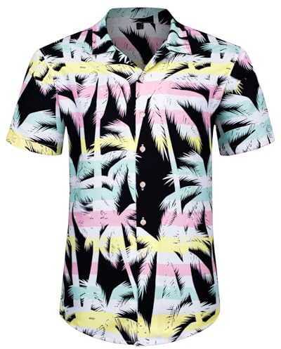 J.VER Mens Funky Flamingo Hawaiian Shirt Casual Regular Fit Summer Short Sleeve Beach Holiday Aloha Flamingo Shirt Black Pink Leaf S