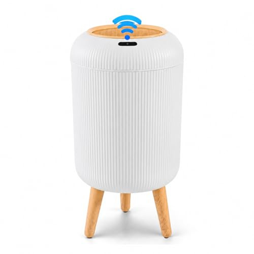 sapisecret Papelera Automática 12L con Sensor para Baño, Blanca - Cubo Basura Inteligente con Diseño Redondo Elegante, Patas de Madera y Apertura Sin Contacto para Salón, Dormitorio u Oficina