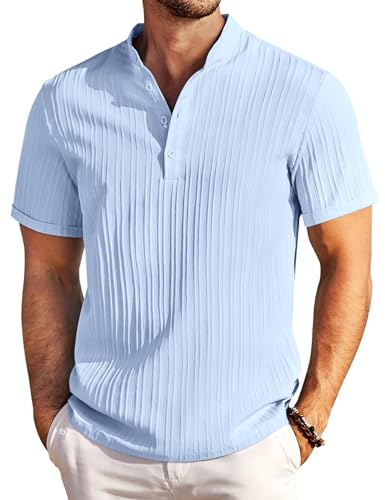 COOFANDY Mens Henley T Shirts Short Sleeve Summer Casual T Shirts Lightweight Holiday Top for Men Light Blue L