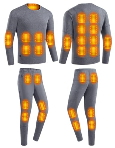 Conjunto de Ropa Interior Calefactable para Hombre Mujer, Camiseta con 16 Zonas de Calor y Pantalón con 12, 3 Controles de Temperatura(Men's 28 Zone Gray,L)
