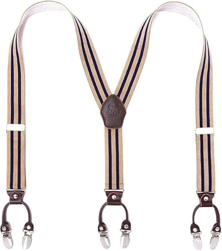 Heavy Duty Men Braces KANGDAI 6 Buckles Y Back Striped Durable Elastic Adjustable Suspenders Strong Metal Clips, Normal, Flesh Stripe