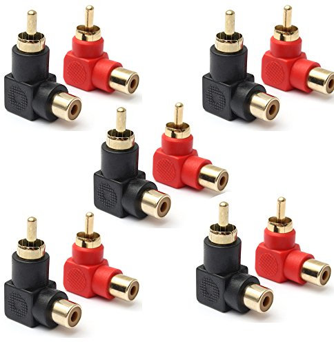 RCA Male to RCA Female Connectors Right Angle Plug Adapters M/F 90 Degree Elbow Gold-Plated (5 Black + 5 Red) (10-Pack)