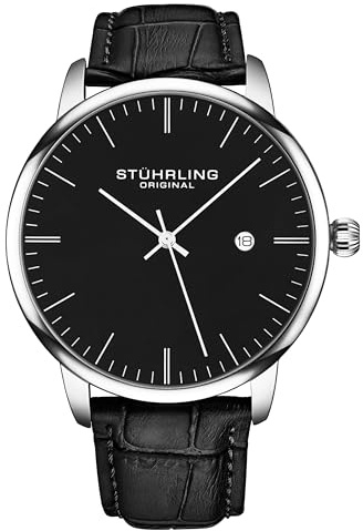 Stuhrling Original Herren-Armbanduhr, schwarzes Kalbslederarmband, Klassische Armbanduhr, minimalistisches analoges Zifferblatt mit Datum, Schwarze Herren-Armbanduhr
