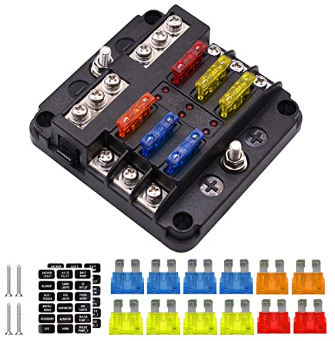 6 Fach Sicherungshalter, KFZ Sicherungskasten ATO 12V/24V Blade Sicherungsblock mit Unabhängigen Positiven/Negativen Polen,LED Sicherheitsanzeige für Auto Marine Boot Trike