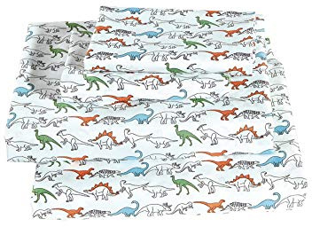 Fancy Linen Dinosaurs White Blue Orange Green Back Sheet Set for Boys/Teens/Girls New (Twin)
