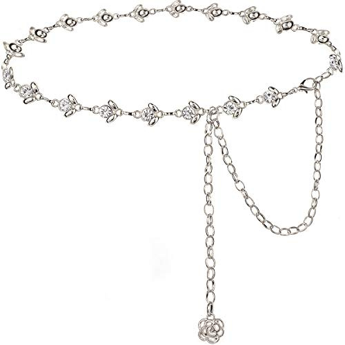 Suyi Silber Kettengürtel für Frauen Strass Taillenkette für Kleid 105CM Silver