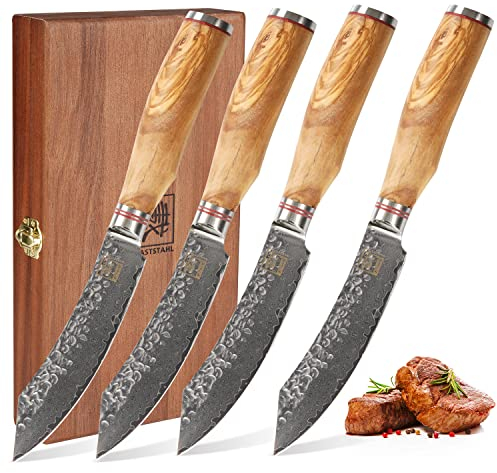 zayiko Minami Damast Steakmesser Set I 4 Steakmesser mit 12 cm Klingen aus 67 Lagen Damaststahl mit Hammerschlag I Edler Olivenholzgriff I Handgefertigte Steakmesser in Geschenkbox aus Holz