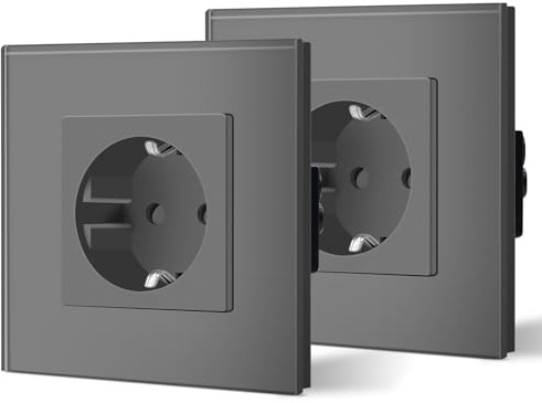 BSEED Prise Schuko 2 en 1, plaque en verre cristal 16A AC, prise encastrée 1 prise, 86 mm, prise murale à protection individuelle, prise de courant murale grise