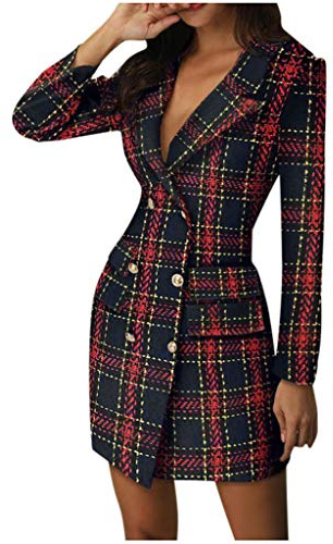 Blazerkleid pour femme élégant: Robe d'affaires pour femme longueur genou, blouse avec manches longues, blazer avec boutons, robe de bureau, col en V, robe chemise, courte, blazers - robes de soirée