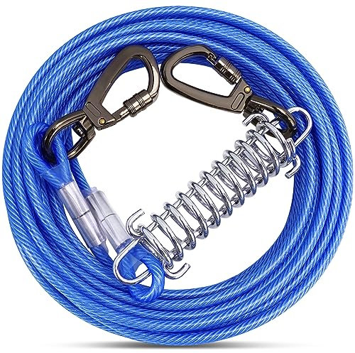 Cable de amarre azul para perros con gancho giratorio de resorte, cadenas de perro resistentes para exteriores, correas de cable para patio, camping, para perros de hasta 500 libras (3 m)