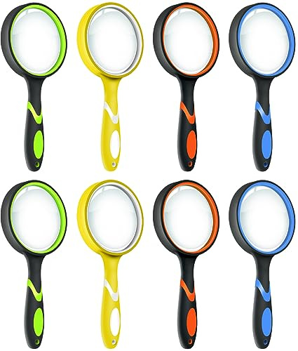 Leffis 8 Pack Magnifying Glass, 50mm 10X Glasses Lens Reading Magnifier for Kids and Seniors, Non-Slip Handheld Magnifying Glass for Close Work, Nature Exploration