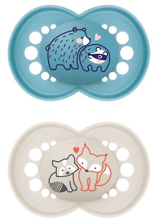 MAM Original Dummies, 18-36M, 2 Pack, Orthodontic Design, Blue | SkinSoft Silicone Teat, Comes in Dummy Steriliser Case, Sustainable Materials, Baby Accessories (Designs Vary)