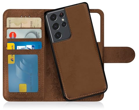 MyGadget Flip-fodral till Samsung Galaxy S21 Ultra - [avtagbart magnetfodral] - mobilfodral av konstläder - [flipfodral med kortplats] skyddsfodral i brunt