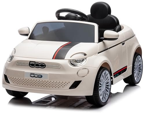 FIAT 500 Kinder Elektroauto, Elektro Kinderauto im Alter von 3 Jahren, Motorleistung 2x30W, Lenkrad mit Sound, Sicherheitsgurte (Perle)