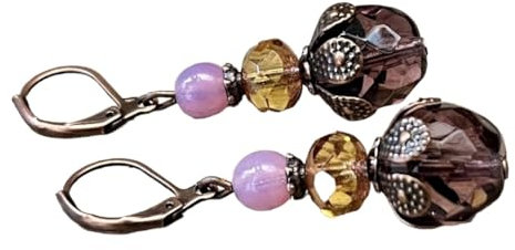 Vintage Ohrringe mit böhmischen Glasperlen - light amethyst, aubergine, lila, honig, rosa opal & kupfer