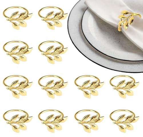 Serviettenringe Gold, 12 Stück Elegante Metall Serviettenring, Serviettenschnallen Blätter, Serviettenring Gold, Napkin Rings für Weihnachten Hochzeitsfeier Abendessen Jubiläum Tischdekoration