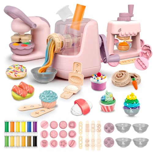 JONRRYIN Knete Set für Kinder, 65 Stück Knete Zubehör Knetwerkzeug mit 12 Modelliermasse, Kreatives Kinderknete Dough Nudelmaschine Spielset Geschenk für Mädchen & Junge (Rosa)