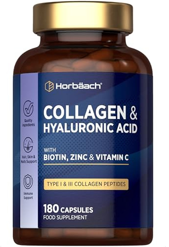 Collagen Supplement with Hyaluronic Acid | Type 1 & 3 Hydrolysed Collagen Peptides | High Strength Complex with Biotin, Zinc and Vitamin C | Hair, Skin and Nails Formula | 180 Capsules | By Horbaach
