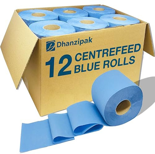 DHANZIPAK 12 x Value Pack Blue Centrefeed Roll – 2-Ply, 40m Per Roll (200 Sheets) – 166mm Height – Super Absorbent & Strong – Ideal for Cleaning, Catering, Kitchens, Garages & Commercial Use.