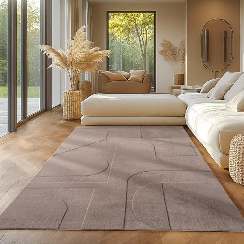 SIMPEX Skandinavischer Teppich, Boho Design, Einfarbig Beige 160x230 cm, Pflegeleicht & Deko Teppich, Waschbar 3D-Effekt, Wohnzimmer & Schlafzimmer