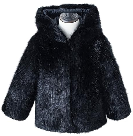 Girls Faux Fur Hooded Coats Winter Furry Thick Fleece Jackets Kids Long Sleeve Warm Outwear for Teen Girl Fuzzy Windproof Coat (Black, 7-8 Years)