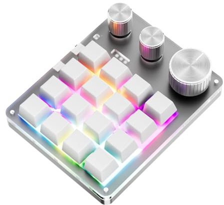 Denash 16 Nycklar 3 Knoppar USB Wired Volume Control Gaming Keypad, Anpassningsbar Ritningstangent, Pålitlig för Arbete och Spel, Aluminiumlegeringsknappar, ABS Acrylic KeyCaps (Vit)