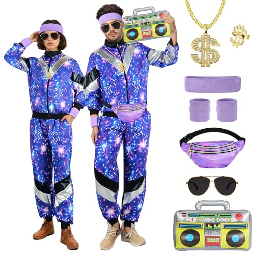BITOYO Déguisement Année 80 Homme Femme Costume Années 80 Survêtement Rétro Avec Veste Et Pantalon, Déguisement Année 80 90 Accessoire Deguisement Disco pour Carnaval, Soirée Deguise, Jogging