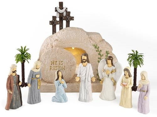 Easter Decorations for Home – 11 Pieces LED Resurrection Scene Set with Empty Tomb & Cross Shaped Resin Table Decor, Jesus Statue Set, Christian Easter Table Decorations & Mantel Decorations