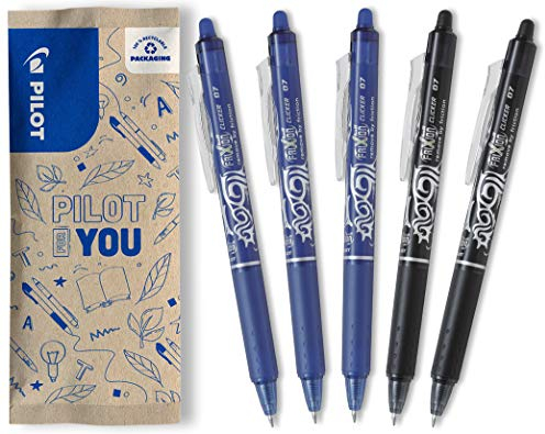 PILOT FriXion Clicker 0.7 – 5 Stück – Farben 3x Blau, 2x Schwarz – Radierbarer, nachfüllbarer Gel-Tintenroller mit Druckmechanik und thermosensitiver Tinte, mittlere Spitze