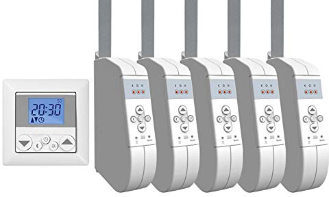 WIR elektronik, eWickler Standard 5 Fenster Funk-Set, eW930-F-M, 5x elektrischer Gurtwickler + 1x Funkuhr eU140, für 15mm Gurtband, Aufputz, bis 45Kg, Fahrtzeiten einstellbar, inkl. Netzstecker