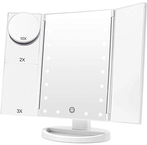 JARAGAR Makeup Mirror with Light, Trifold Vanity Mirror 1x/2x/3x/10x Magnifying Mirror with LED Lights Touch Screen 180 Degree Adjustable Rotation Dual Power Supply Mode