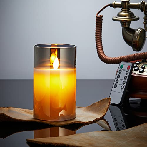Bougies LED Sans Flamme Vacillantes avec Verre, en Cire Réelle avec Télécommande, Fonction de Minuterie, Dimmable pour Décoration Mariage Anniversaire 10cm-Gris