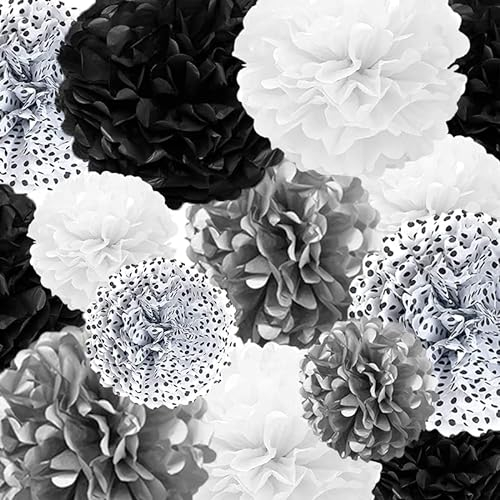 Seidenpapier-Pompons, Papierblumen, 22 Stück, Schwarz, Silber, Polka Dot, Weiß, Papierblumenball für Geburtstag, Junggesellenabschied, Hochzeit, Babyparty, Brautparty, Partydekoration